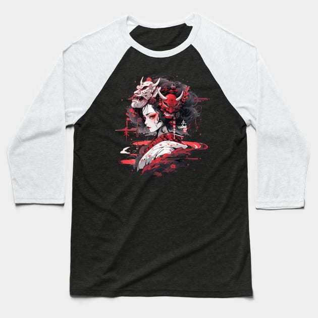 Japanese Horror Geisha Oni Demon Baseball T-Shirt by Nightarcade